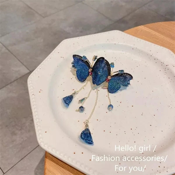 TEMPERAMENT BUTTERFLY RHINESTONE TASSEL HAIR CLIP