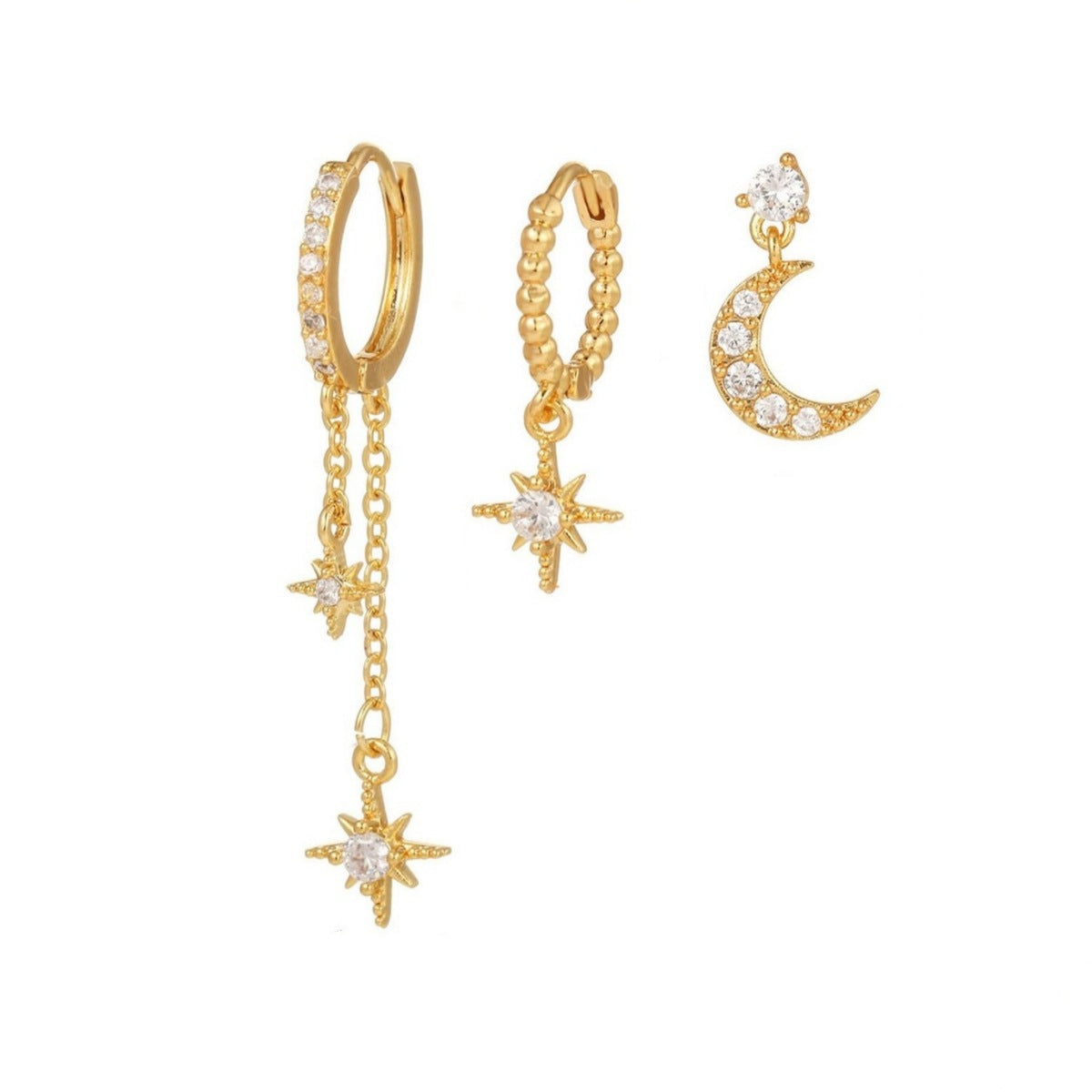 Moon Star Ear Stack Set For Multi Piercing Layering（3 pieces 1 set)