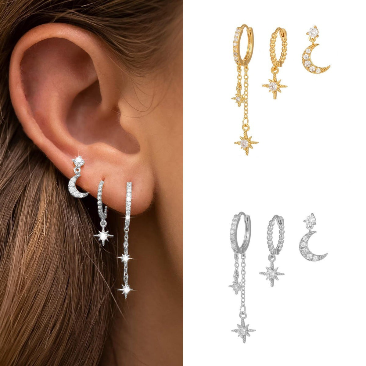 Moon Star Ear Stack Set For Multi Piercing Layering（3 pieces 1 set)