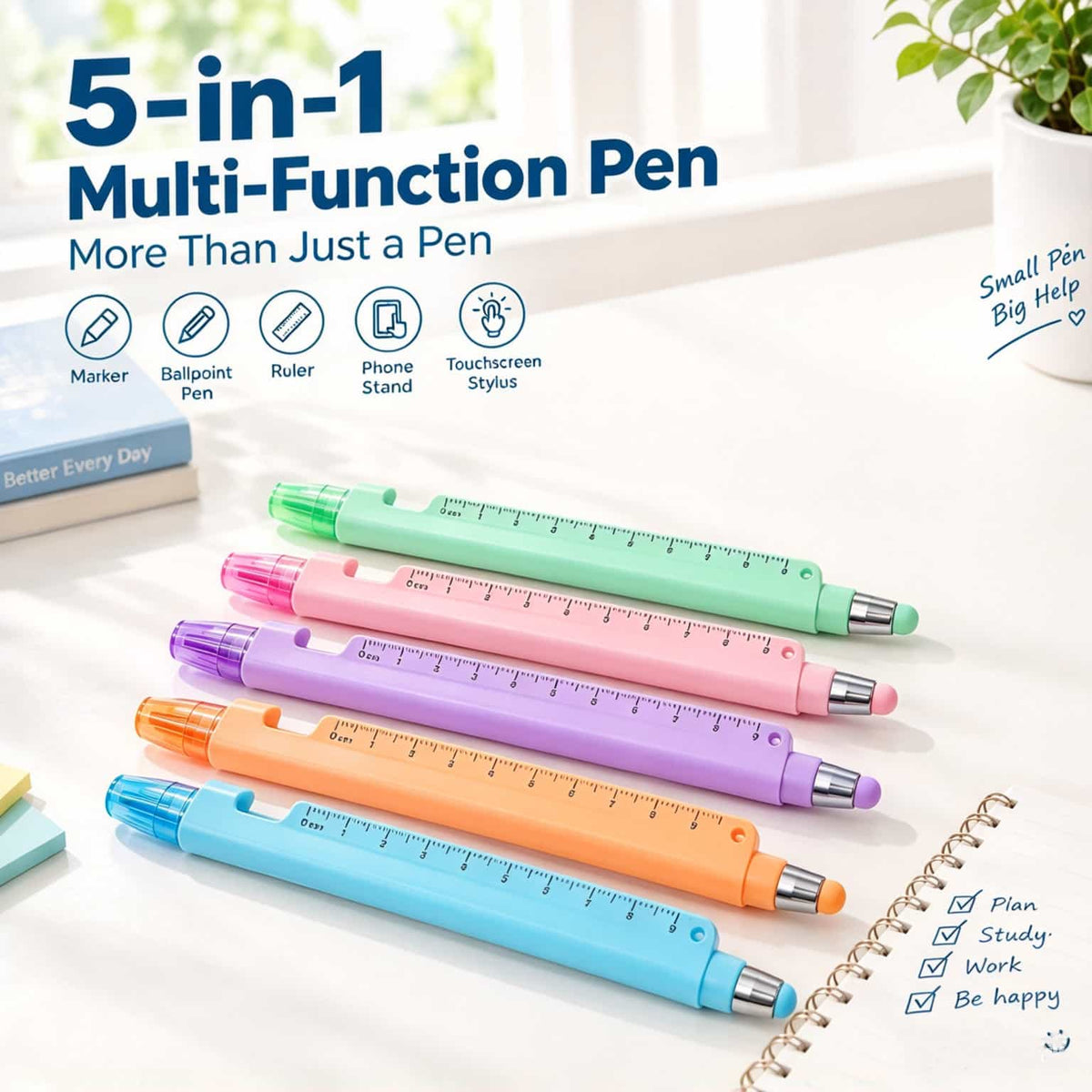 5-in-1 Multifunction Ruler Stylus Pen – 0.5mm Writing & Marker Tool