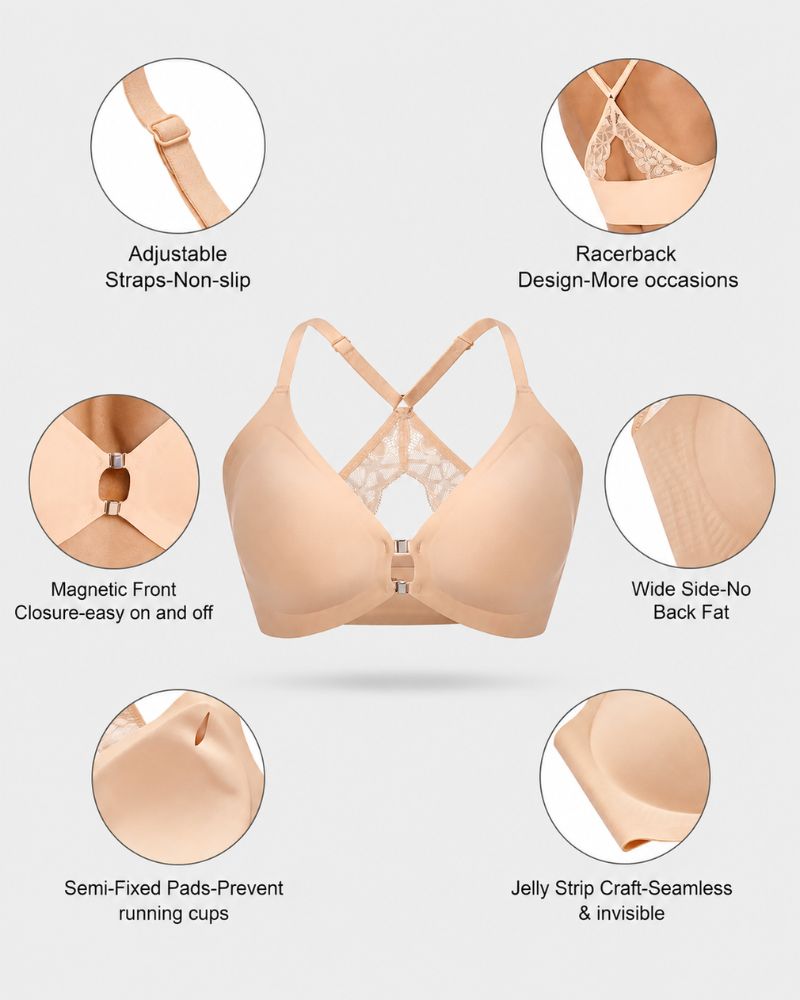 💕 Pretty, Comfortable & Easy to Wear —Front Closure Wireless Plunge Lace Racerback Bra