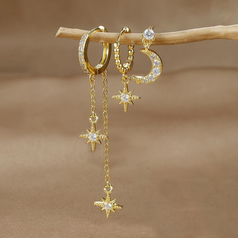 Moon Star Ear Stack Set For Multi Piercing Layering（3 pieces 1 set)