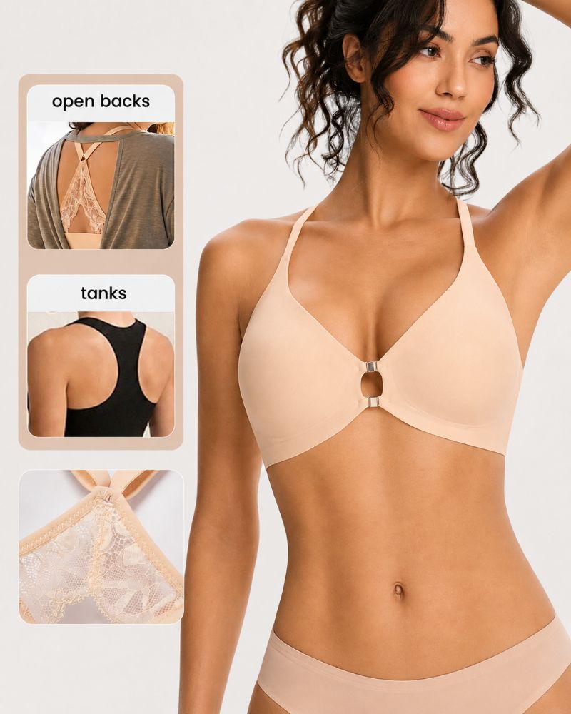 💕 Pretty, Comfortable & Easy to Wear —Front Closure Wireless Plunge Lace Racerback Bra