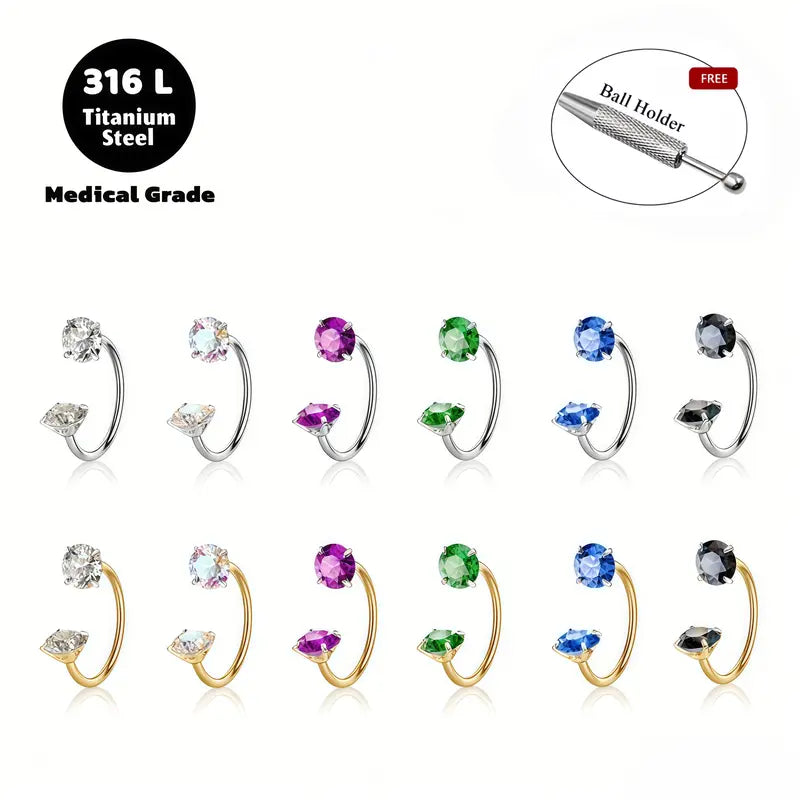 Double Gem Titanium Horseshoe Nose Ring (4PCS)