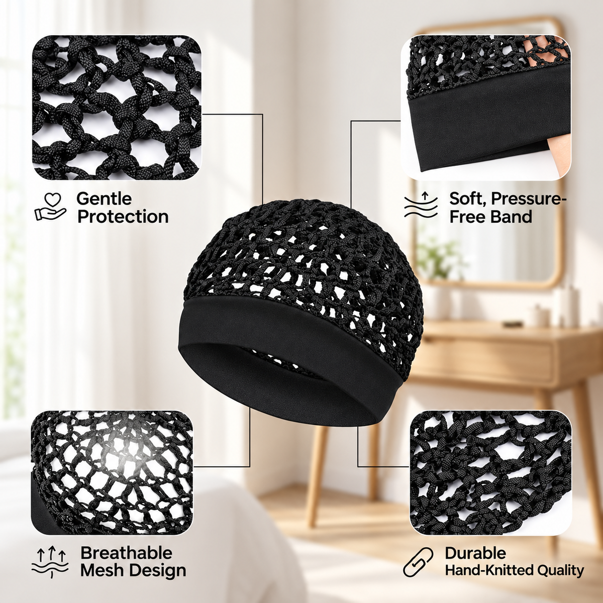 🔥Wide-Band Crochet Hair Net | 💨 Breathable Stretch Sleep & Beauty Hair Cap