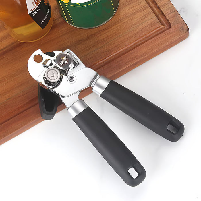 Multifunctional manual can opener made of stainless steel with a smooth edge