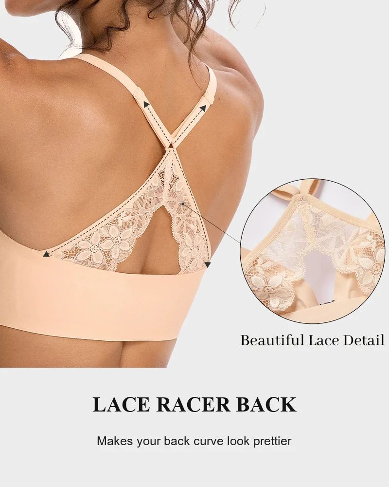 💕 Pretty, Comfortable & Easy to Wear —Front Closure Wireless Plunge Lace Racerback Bra