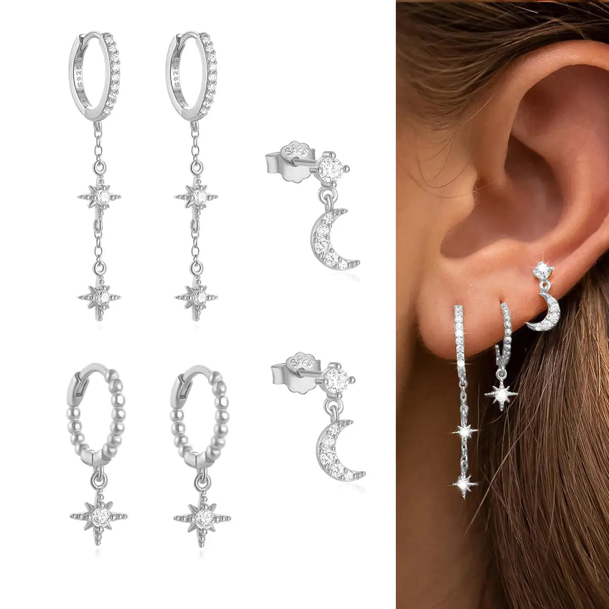 Moon Star Ear Stack Set For Multi Piercing Layering（3 pieces 1 set)