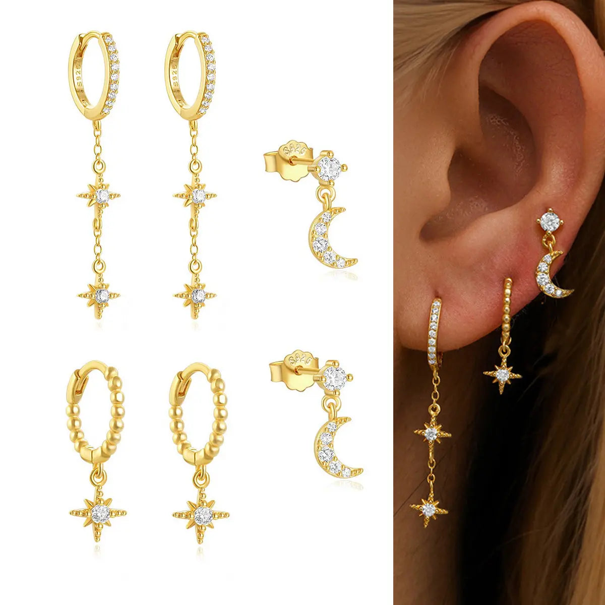 Moon Star Ear Stack Set For Multi Piercing Layering（3 pieces 1 set)