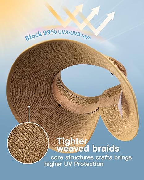 👒Women's UPF 50+ Wide Brim Roll-up Straw Sun Hat Sun Visor