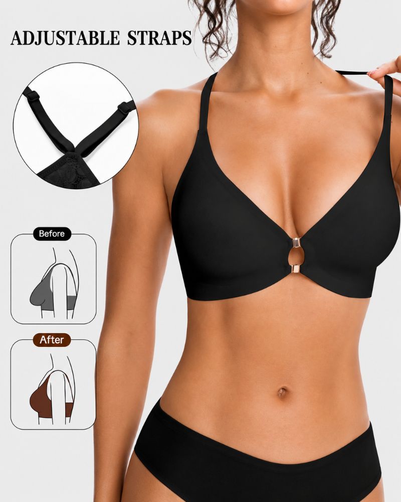 💕 Pretty, Comfortable & Easy to Wear —Front Closure Wireless Plunge Lace Racerback Bra