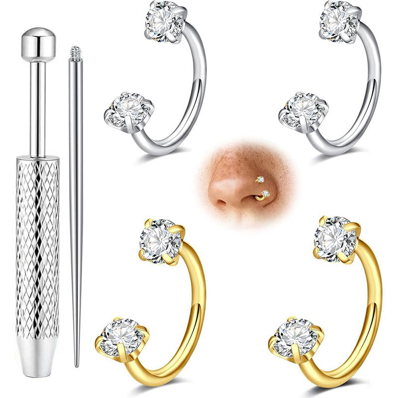 Double Gem Titanium Horseshoe Nose Ring (4PCS)