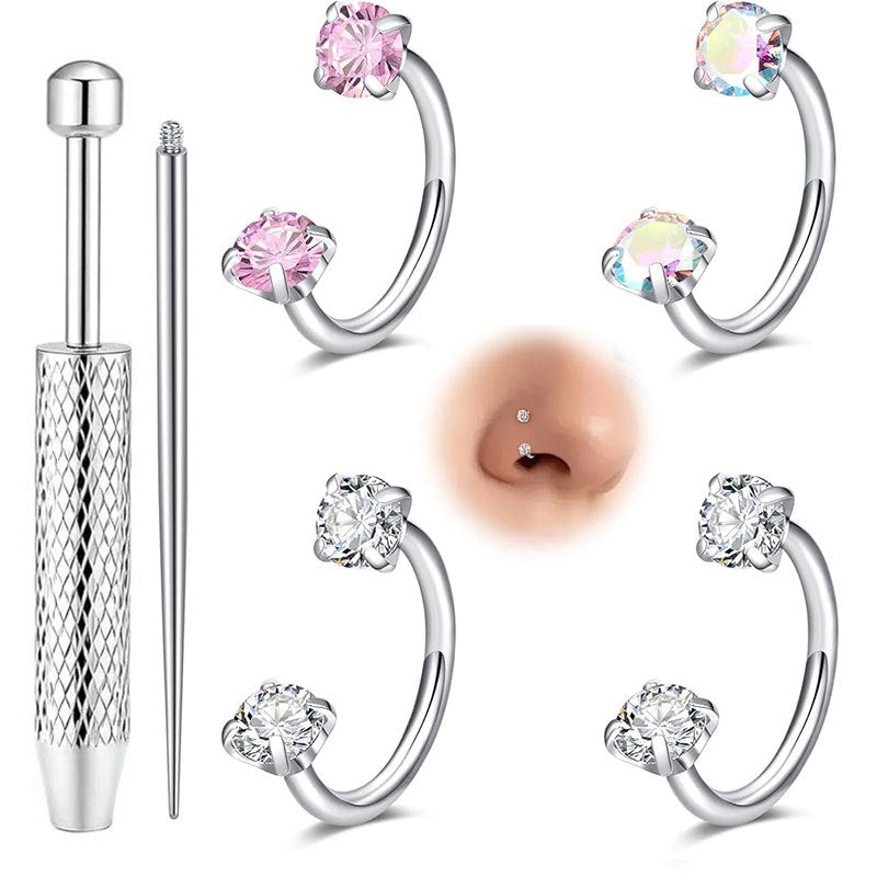 Double Gem Titanium Horseshoe Nose Ring (4PCS)