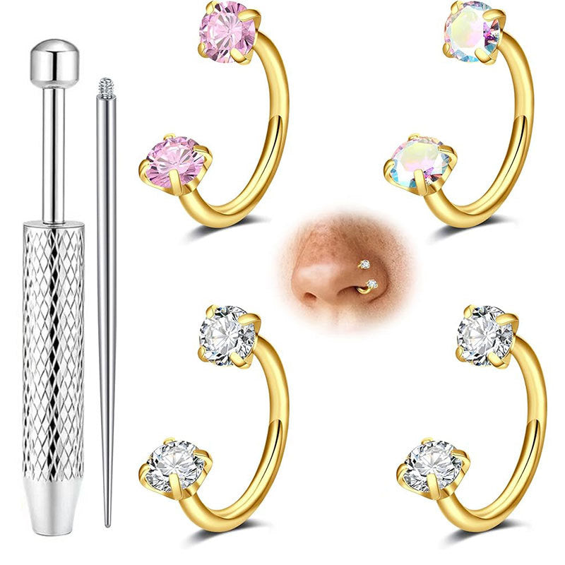 Double Gem Titanium Horseshoe Nose Ring (4PCS)