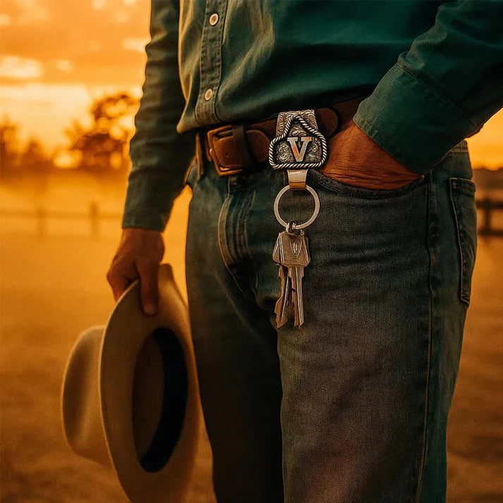 Handmade Cow Tag Belt Key Holder with Custom Initial