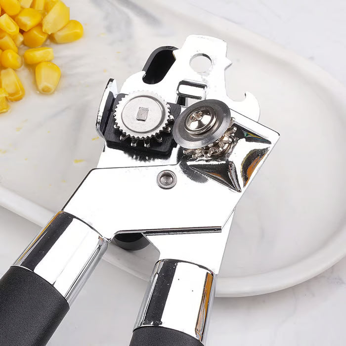 Multifunctional manual can opener made of stainless steel with a smooth edge