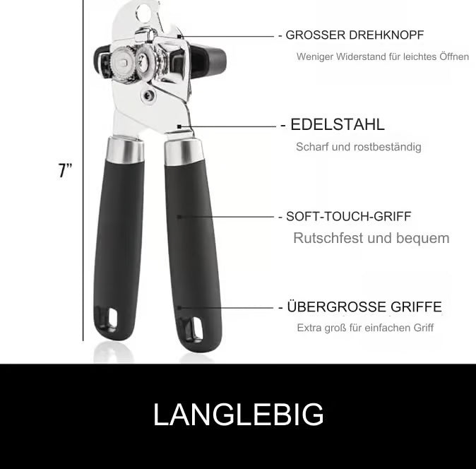 Multifunctional manual can opener made of stainless steel with a smooth edge