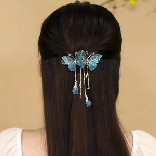 TEMPERAMENT BUTTERFLY RHINESTONE TASSEL HAIR CLIP