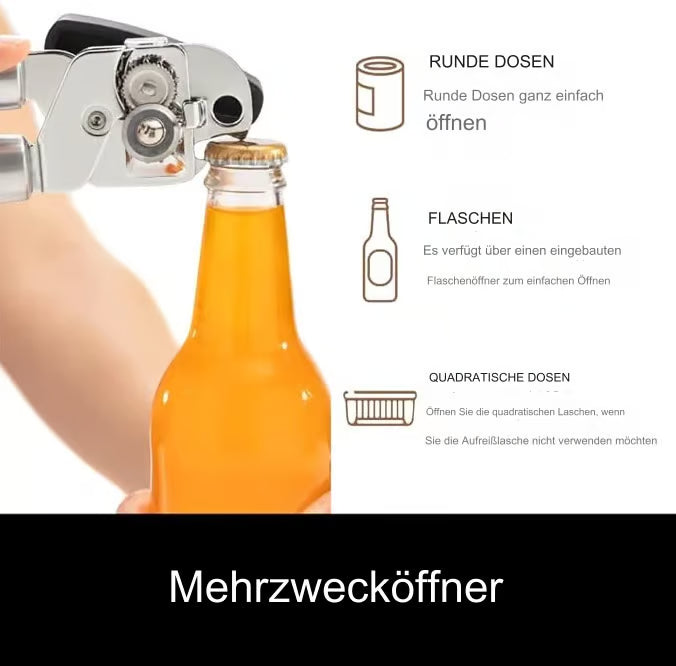 Multifunctional manual can opener made of stainless steel with a smooth edge